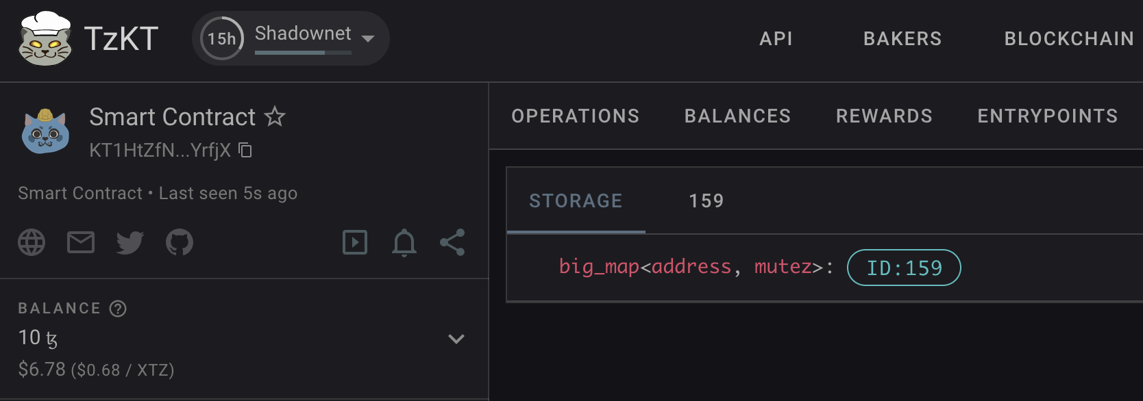 The block explorer, showing the storage for the contract in one big-map object