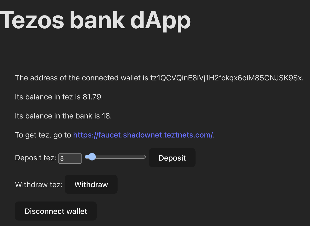 Completed bank application, showing information about the user's wallet and buttons to deposit or withdraw tez