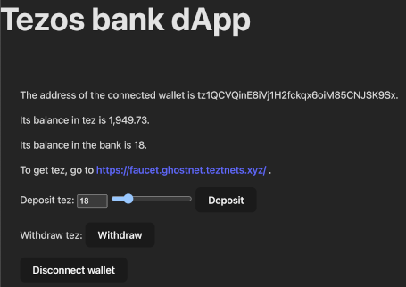 Completed bank application, showing information about the user's wallet and buttons to deposit or withdraw tez