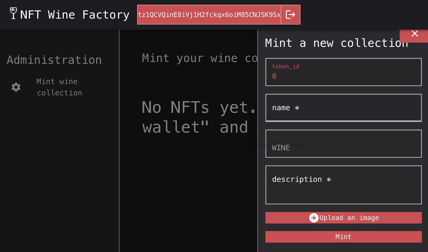 The mint page shows the form to create tokens