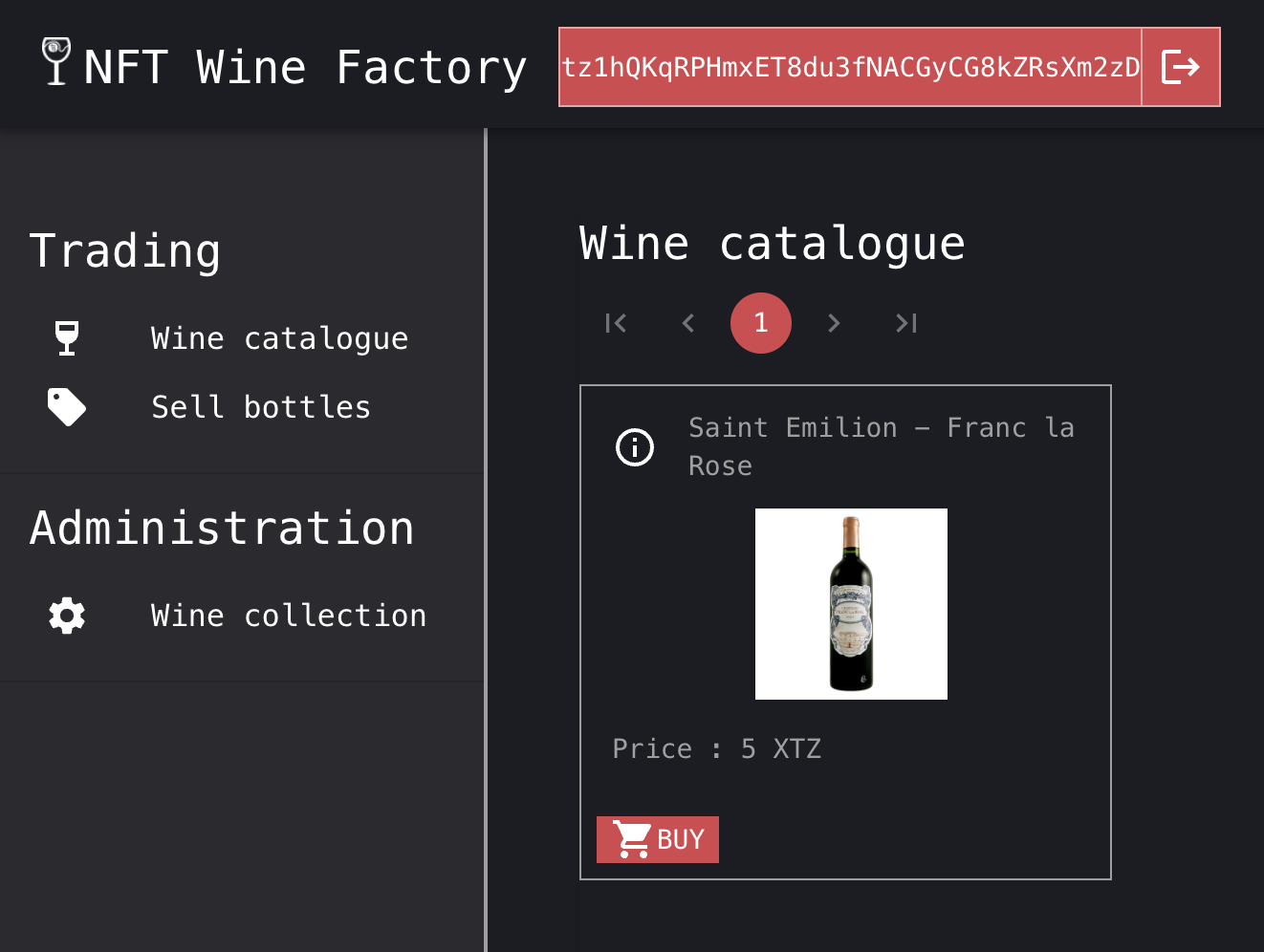 The catalog page shows one bottle for sale