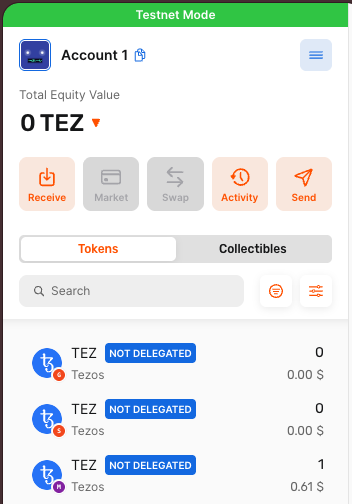 The new network selected in the Temple wallet