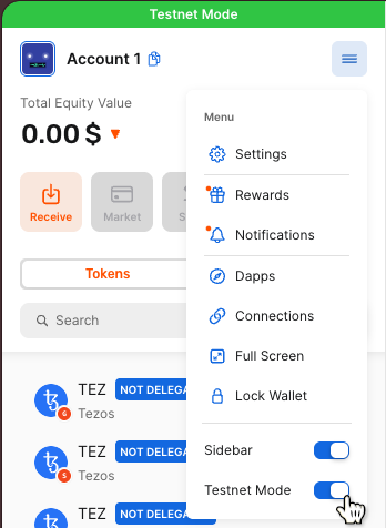 Setting Temple wallet to testnet mode
