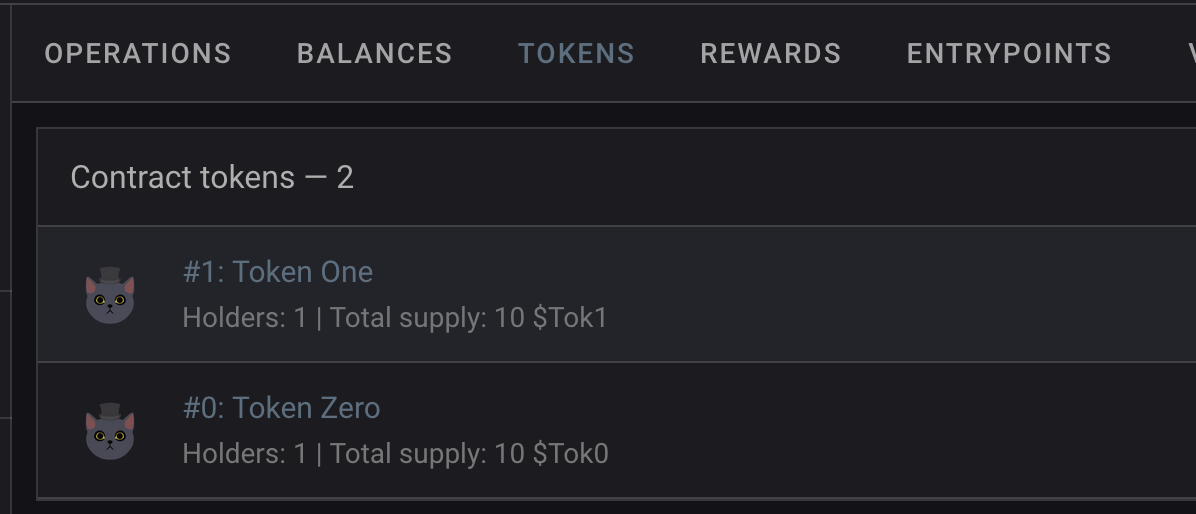 The list of tokens in the block explorer