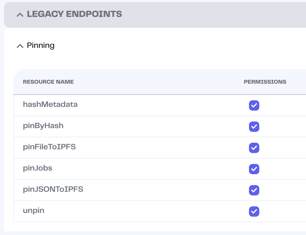Selecting the pinning permissions for the Pinata key