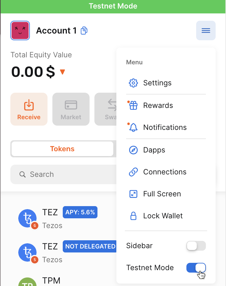 Setting testnet mode in Temple