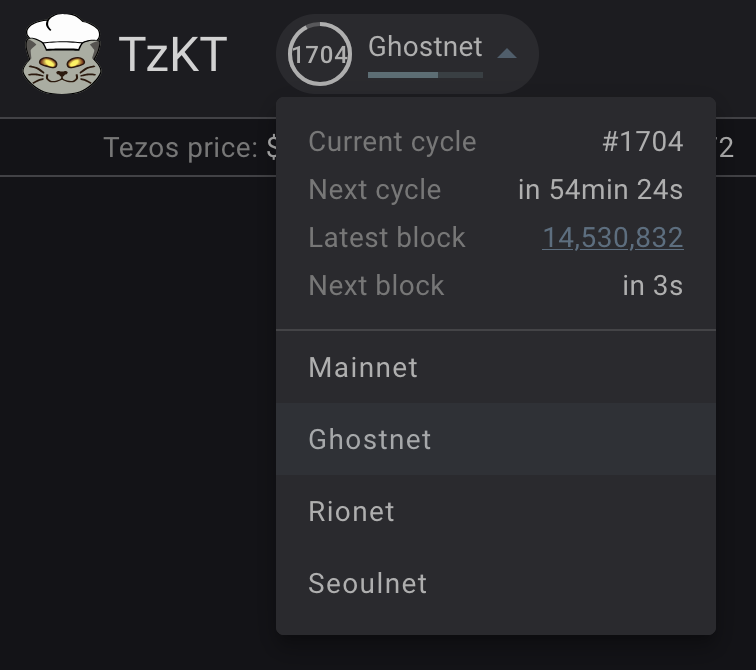 The TZKT block explorer, showing information about the current cycle