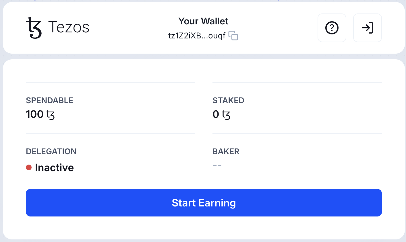 The wallet app, showing an account with 100 tez and 0 tez staked