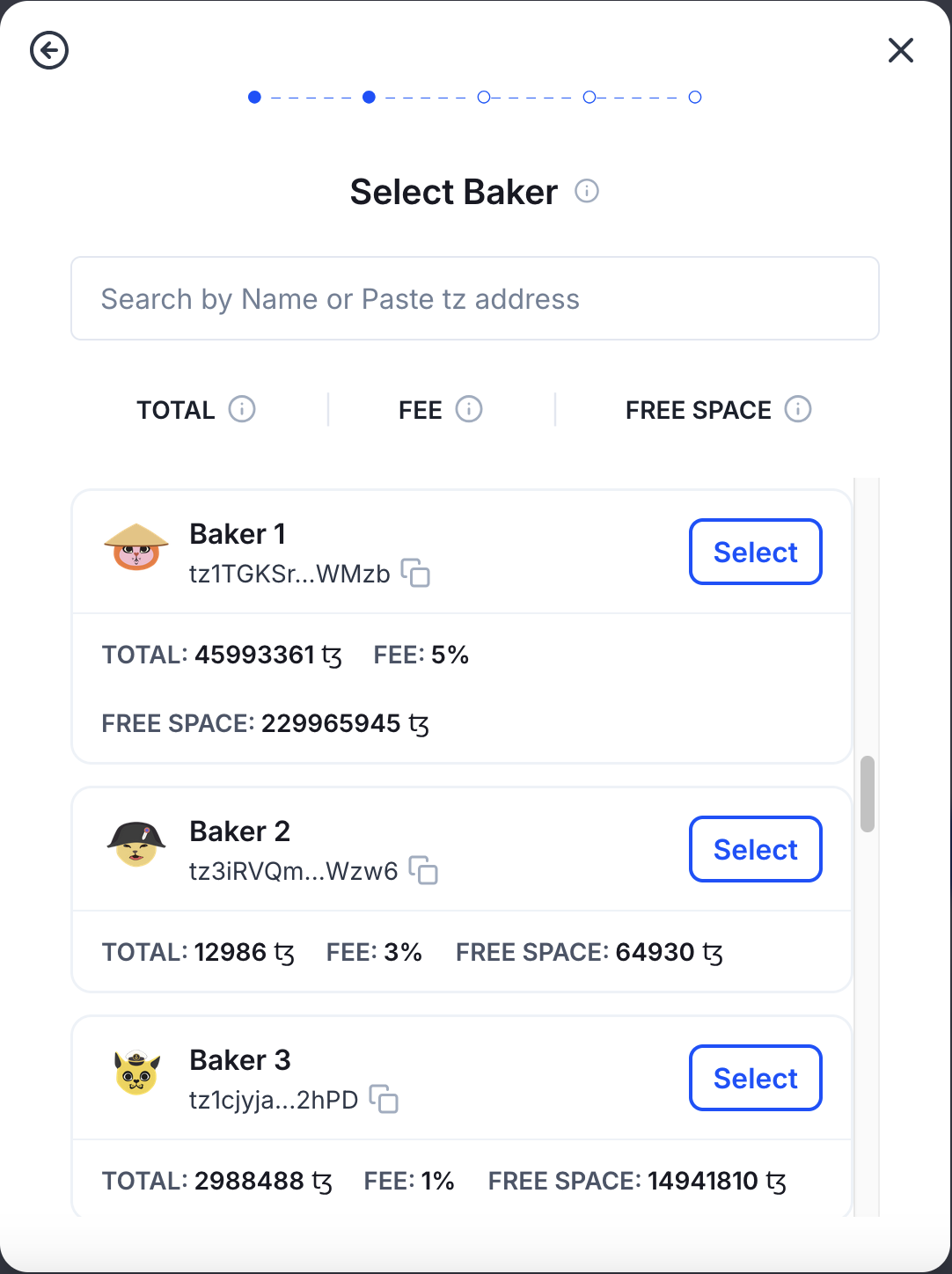 Selecting a baker, with information about their free space and fee