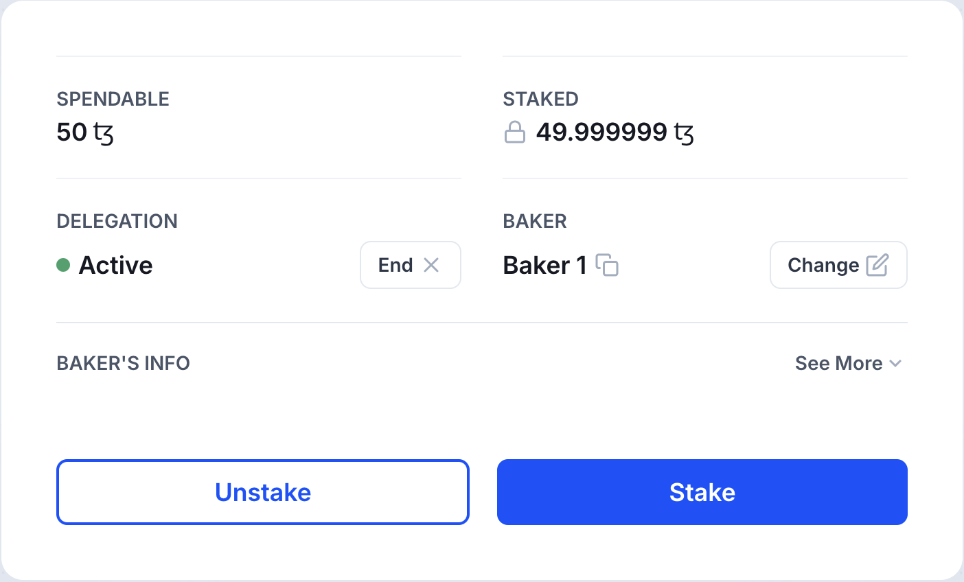 The information page showing the staked amount
